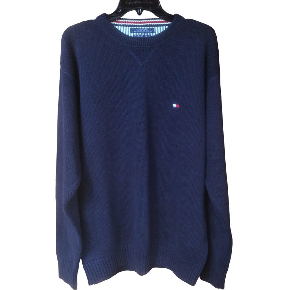 Tommy Hilfiger Men's Navy Blue 100% Cotton Crew Neck Pullover Sweater Size Large